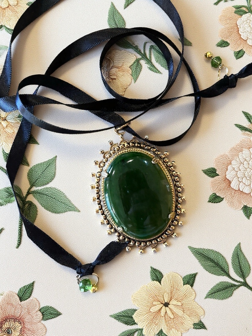 Vintage Green Oval Pendant Necklace with Satin Black Ribbon Tie Closure